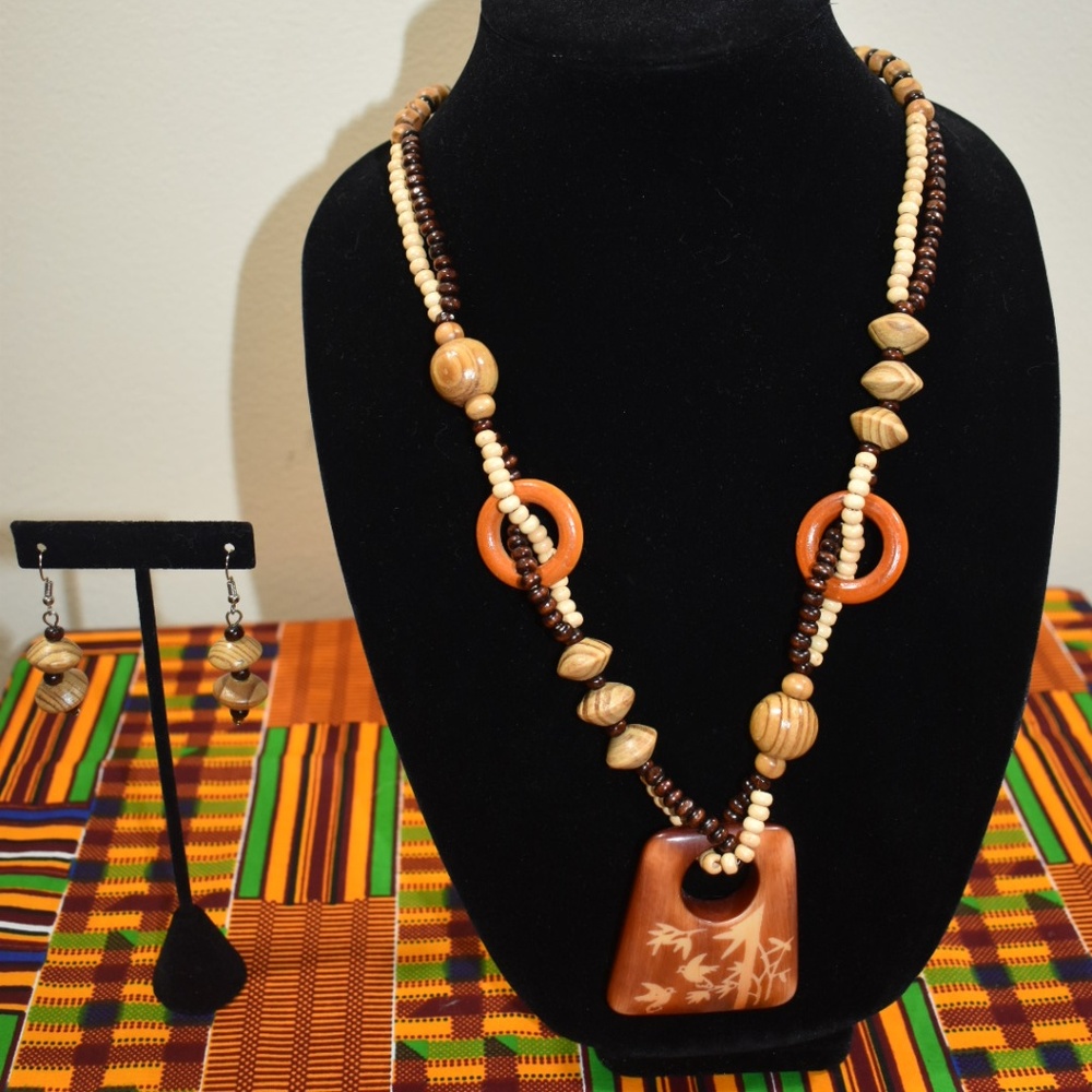 Matching Set: African Wooden Necklace and Earrings